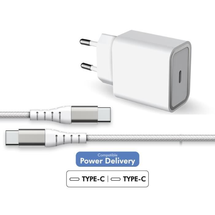 Chargeur maison 25W Power Delivery + Câble renforcé USB C/USB C Garanti à vie Blanc Force Power
