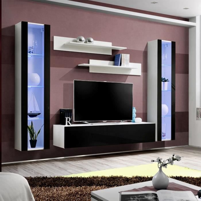 Ensemble TV mural blanc et noir JANINA Blanc L 260 x P 40 x H 190 cm