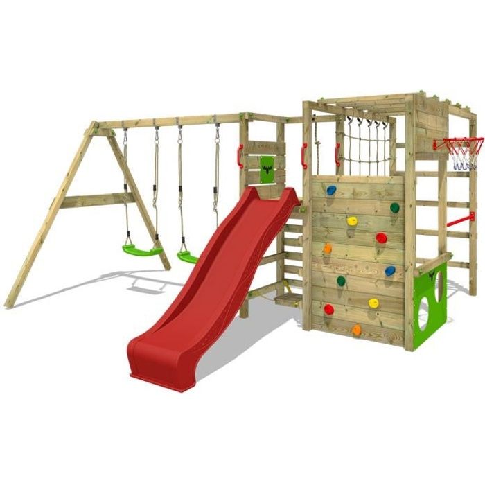 FATMOOSE Aire de jeux Portique bois ActionArena avec balançoire et toboggan rouge Échafaudage grimpant avec mur d'escalade