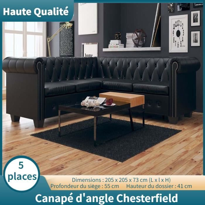 Canapé d'angle Chesterfield 5 places Contemporain Sofa salon Confortable Cuir synthétique Noir -WAN
