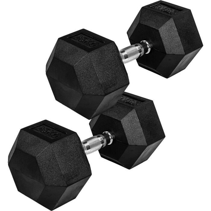 Movit® haltère hexagonal, Dumbbells en fonte avec revêtement caoutchouc, 2x25kg, barre chromée, moletée et antidérapante