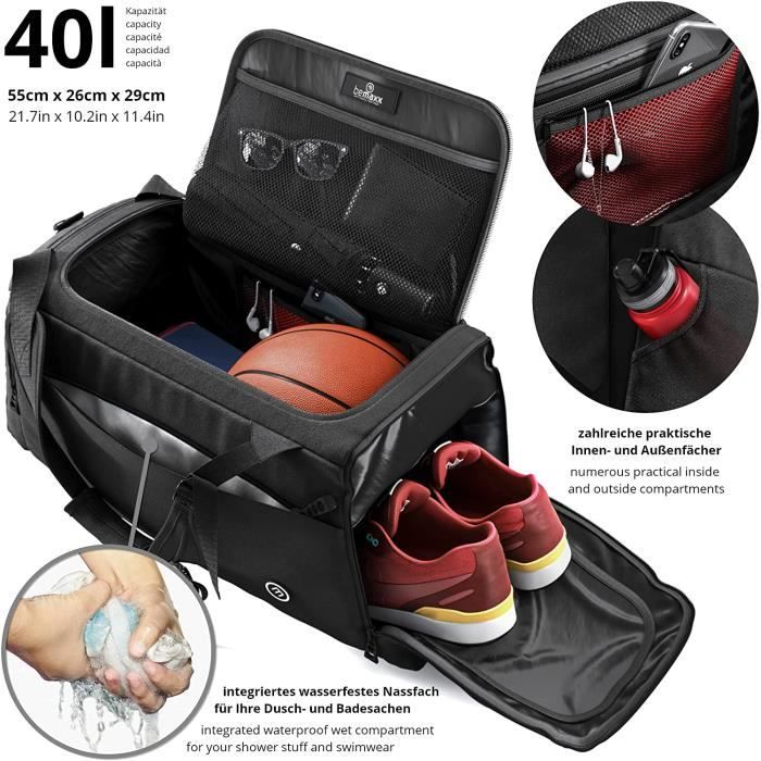 Sac de Sport Homme/Femme + Fonction à Dos, Compartiment Chaussures, Trousse Toilette - 40L Cabas de Fitness Voyage Bain Bagage Gym F