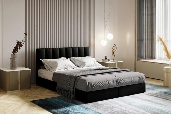 Lit adulte 140x200 cm CITY - avec matelas ressorts intégrés rangement et surmatelas – tissu velours - noir