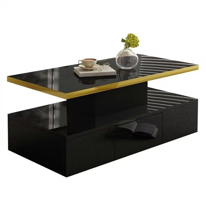 Table basse table à tiroirs finition laquée brillante table dappoint avec deux niveaux de rangement avec éclairage LED Noir