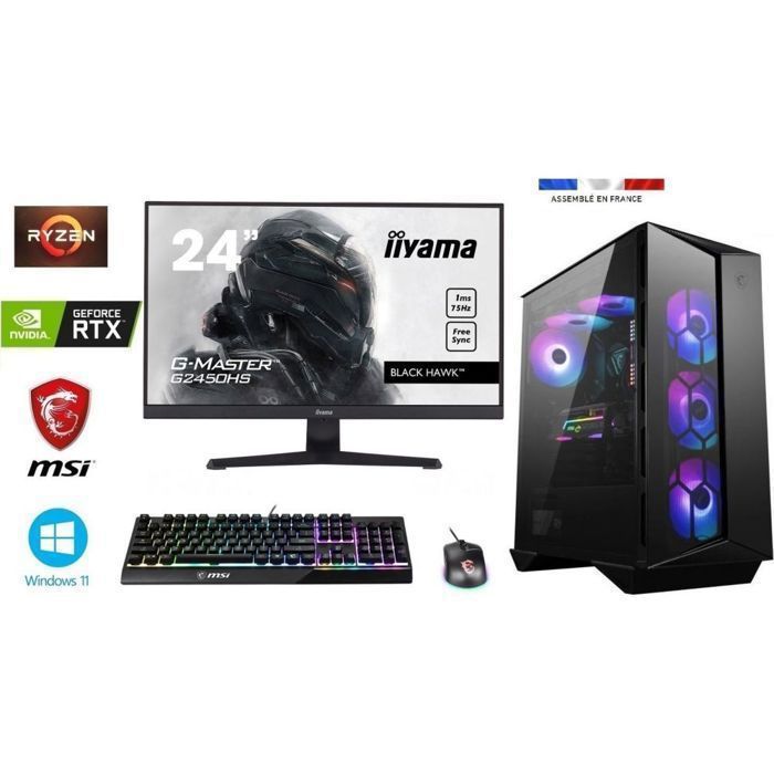 Pack PC Gamer Ryzen 7 5700X + Watercooling – RTX 4070 12GO SUPER GAMING X – 32GO RAM – SSD 1To + HDD 2To – Gungnir 110R – Windows
