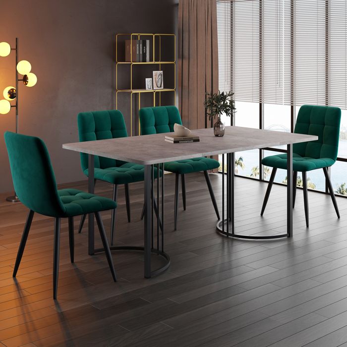 Ensemble Table de Salle à Manger avec 4 Chaises Table de Cuisine Moderne(140×80cm) Plateau de Table en MDF Gris+Vert