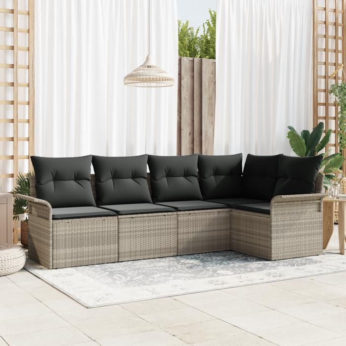 Ensemble de canapé de jardin 5 pièces avec coussins gris clair en poly rotin Canapé de jardin 2 places avec rangement 3354031