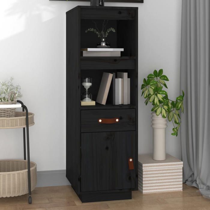(Soldes dhiver)Buffet haut - CLARENCE - Commode/Buffet de cuisine Noir 34x40x108 5 cm - Bois massif de pin RUI4565