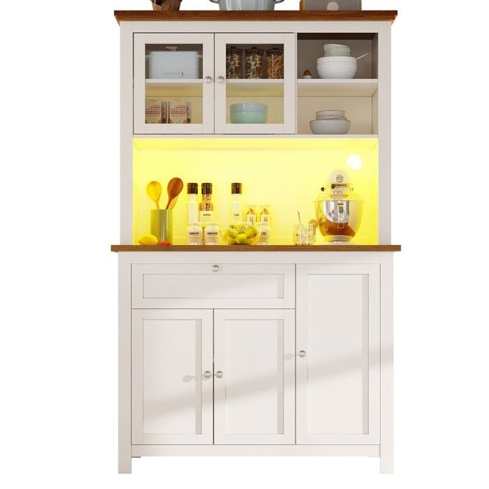 Buffet haut cuisine 104x40x180cm - Vitrine étagères réglables - Éclairage LED couleur variable - Blanc - Meuble rangement Buffet haut cuisine 104x40x180cm - Vitrine étagères réglables - Éclairage LED couleur variable - Blanc - Meuble rangement
