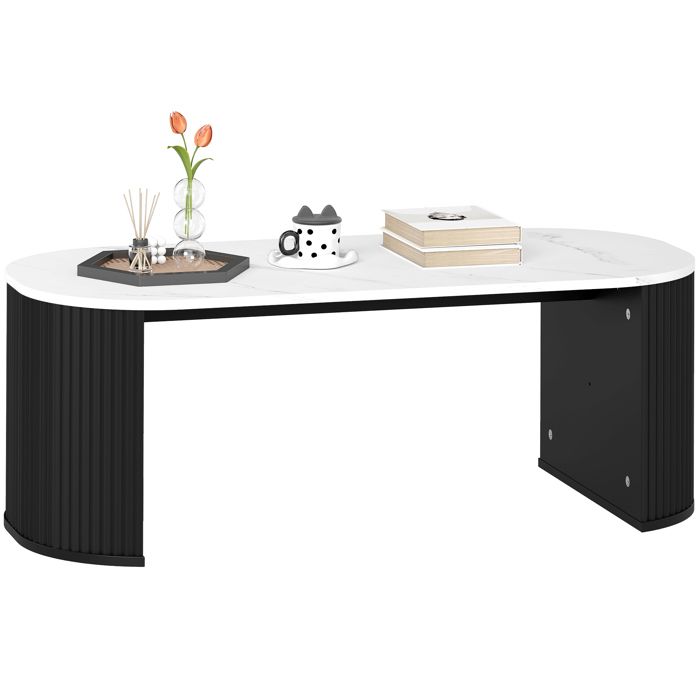 Table Basse - HOMCOM - Ovale - Aspect Effet Marbre - Coins Arrondis Pieds épais - 110 X 50 X 40 Cm - Blanc - Maison