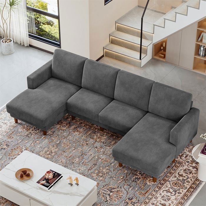 Nalookamic Canapé 4/5 places en forme de U moderneCanapé en velours côtelé pour salonpied en bois269*140*86cmGris