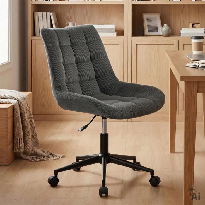 Chaise de bureau VASILO Fauteuil en Velours Côtelé Noir avec Piétement en Métal Laqué Noir Assise Réglabe en Hauteur