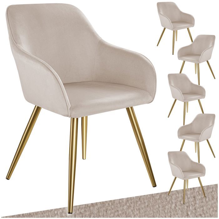 Chaise - TECTAKE - Lot de 6 chaises MARYLIN effet velours rembourrée et pieds en acier noir 58 x 62 x 82 cm - Taupe/Or