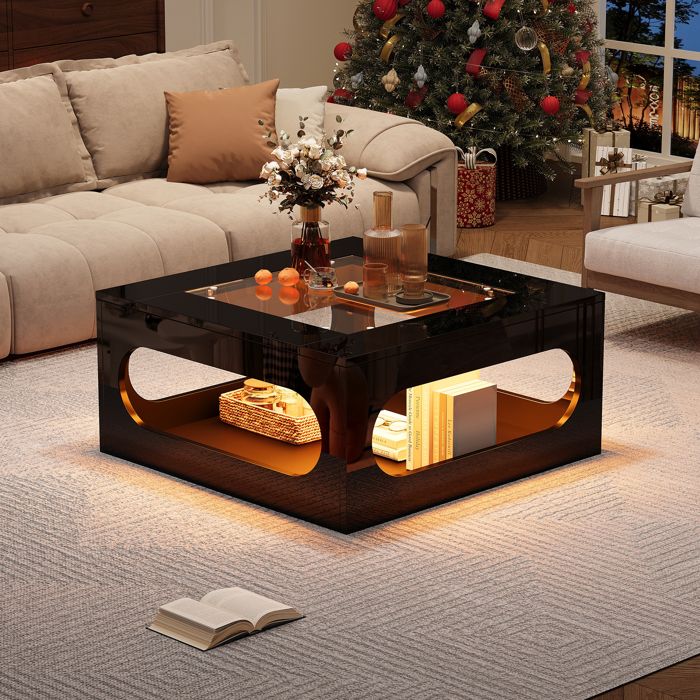 Merax Table Basse Carrée LED 70x70 cm Noire Laquée avec Plateau en Verre Trempé Table Café Table Appoint Moderne