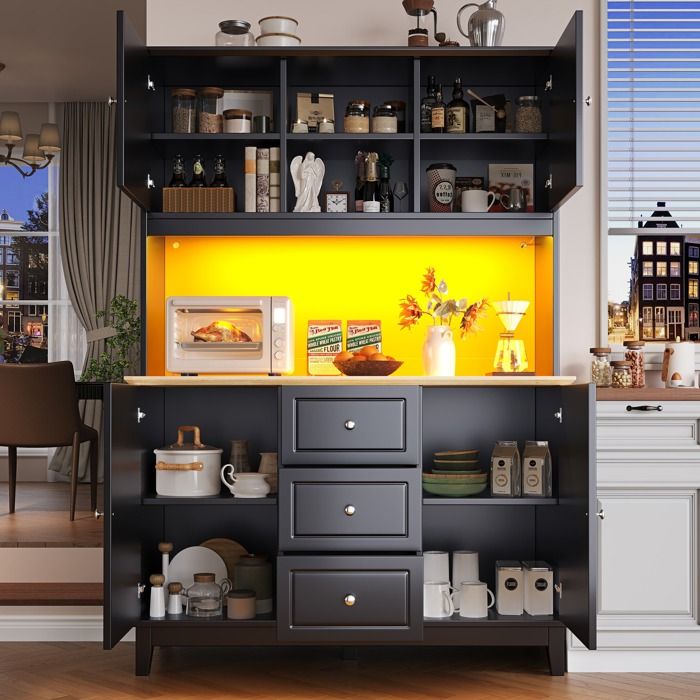 Armoire haute avec éclairage LED APP commande (120×40×180cm) meuble de salon à 4 portes et 3 tiroirs vitrine de cuisine Armoire haute avec éclairage LED APP commande (120×40×180cm) meuble de salon à 4 portes et 3 tiroirs vitrine de cuisine