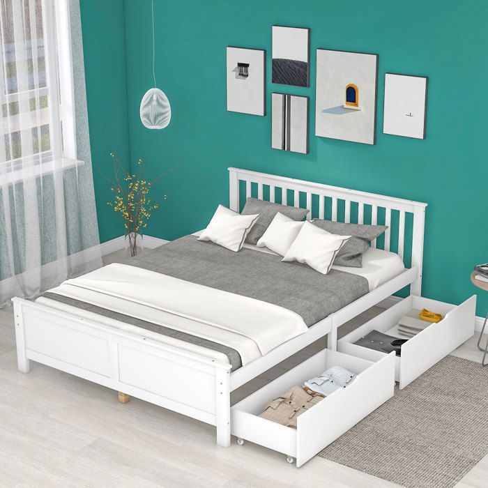 Lit Double 140x200 Blanc avec 2 Tiroirs de Rangement Cadre de Lit en Pin Massif Lit Double 140x200 Blanc avec 2 Tiroirs de Rangement Cadre de Lit en Pin Massif