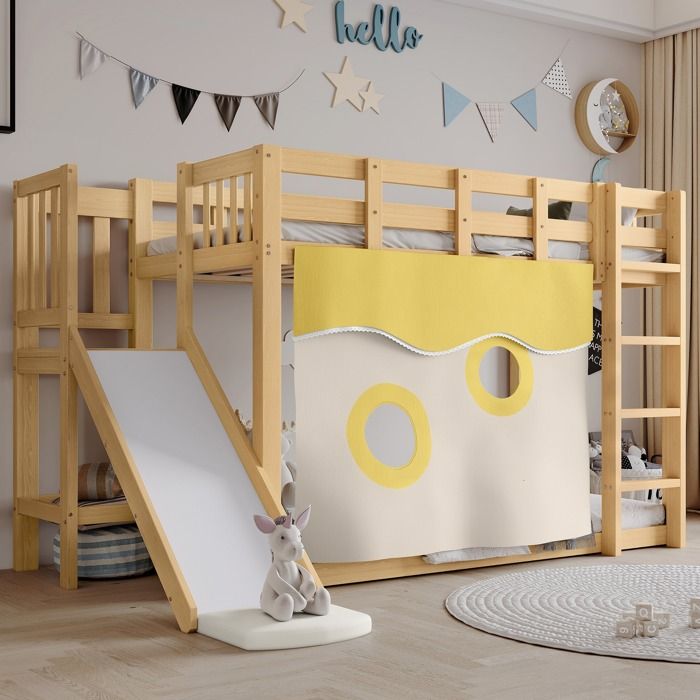 Lit superposé en bois escalier barrières rideau de lit toboggan lit enfant protection antichute barrière MDF+pin naturel 90x200 cm