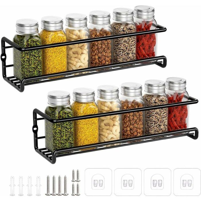 Rangement épices cuisine métal sans perçage 29x6x6cm noir - 2 pièces