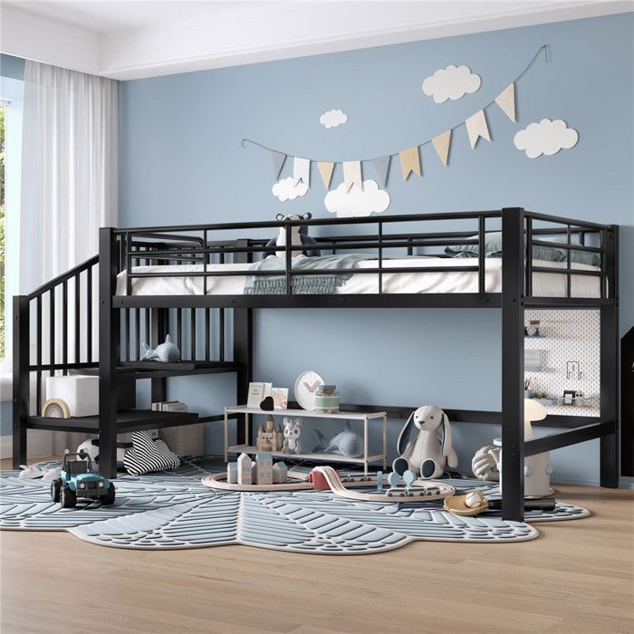 Lit Enfant Mezzanine 90x200 avec Rampe Escalier Rangement Lit Mi Hauteur 1 Personne Métal avec Barrière de Aécurité pour Ado Noir