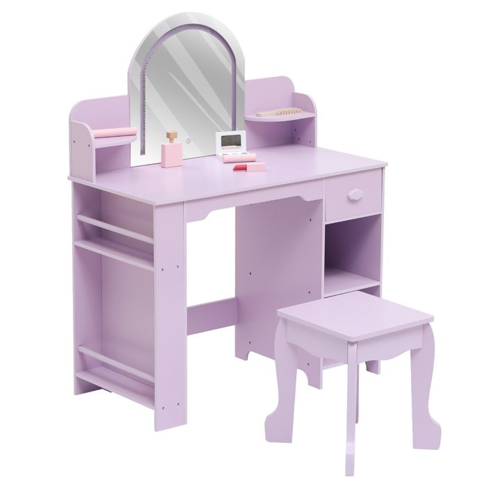 Coiffeuse Princesse avec Miroir Lumineux et Tabouret –Table de Maquillage en Bois +Étagère à Livres Tiroir et Étages Ouverts-Violet