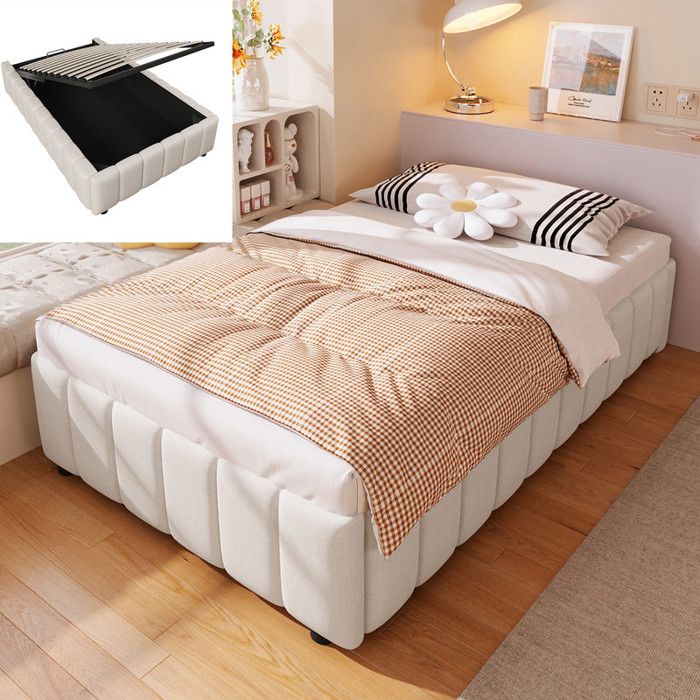 Lit rembourré avec stockage hydraulique - 90x200 cm - Beige - Lin et MDF - Sans tête de lit