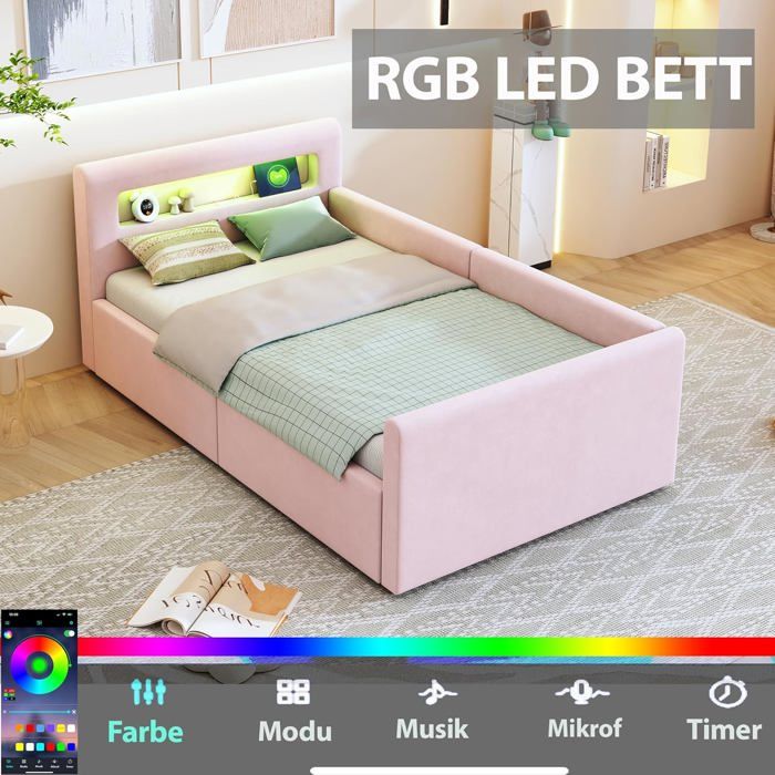 Lit rembourré 90 x 200 cm avec lumière LED port de charge USB espace de rangement hydraulique étagère lit simple rose