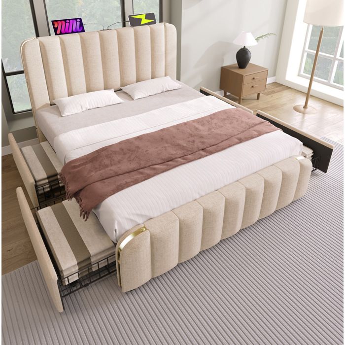 Lit double 160 × 200 cm en lin beige avec 4 tiroirs USB et port Type-C