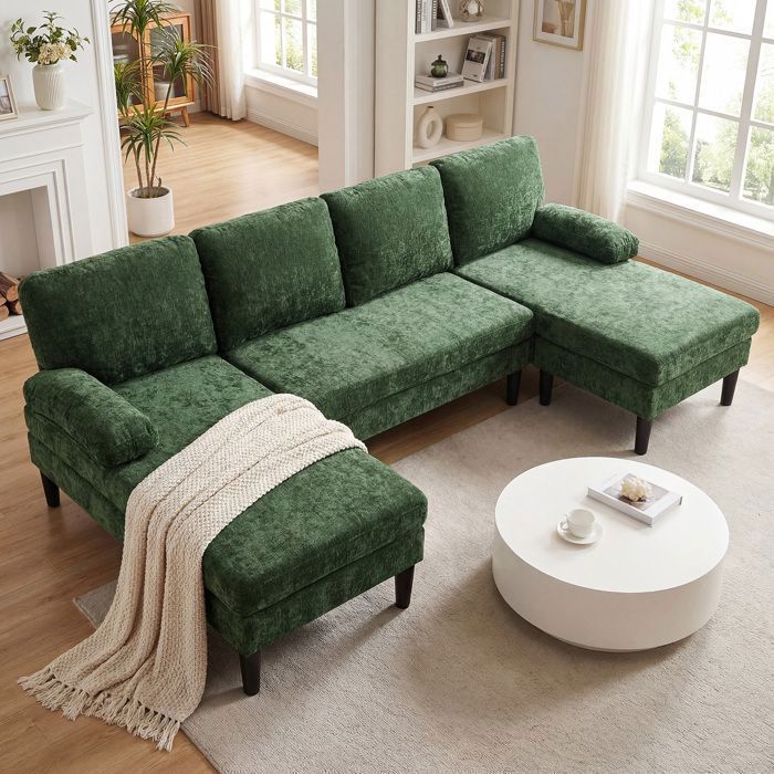 Canapé Panoramique en U - COSTWAY - Canapé dAngle - 5/6 Places 2 Chaise Longue Fixe en Tissu Chenille avec 4 Coussins Vert