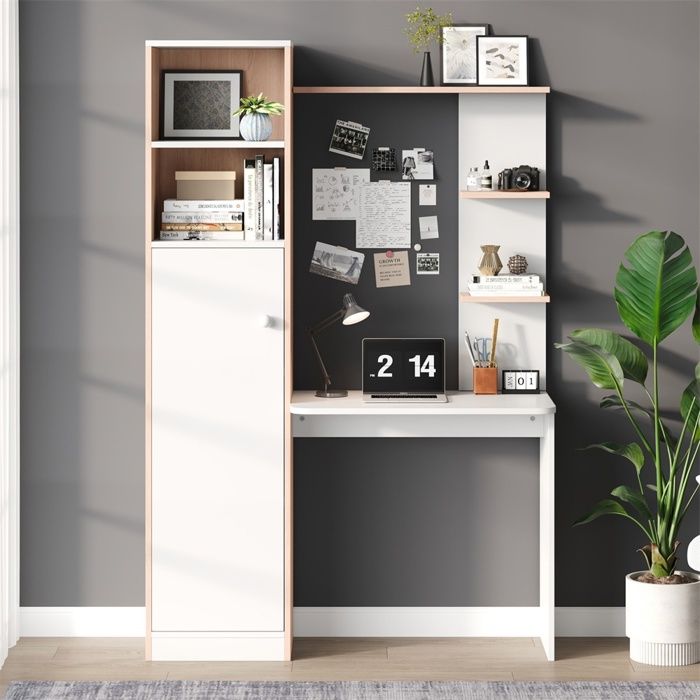 Bureau - table de travail et table détude - avec armoire et étagère de rangement - avec Placard 1 Portes et Étagères  - Blanc