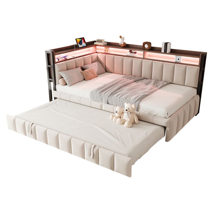 VLIVRA Lit Gigogne 2 Places LED Réglable USB Type-C et Étagères 90×200 cm et 90×190 cm sans Matelas Beige