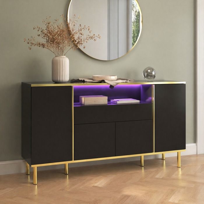 Buffet bas 4 portes 1 tiroir avec LED noir brillant - ELVMI - rangement en MDF noir et doré 150 × 40 × 80 cm