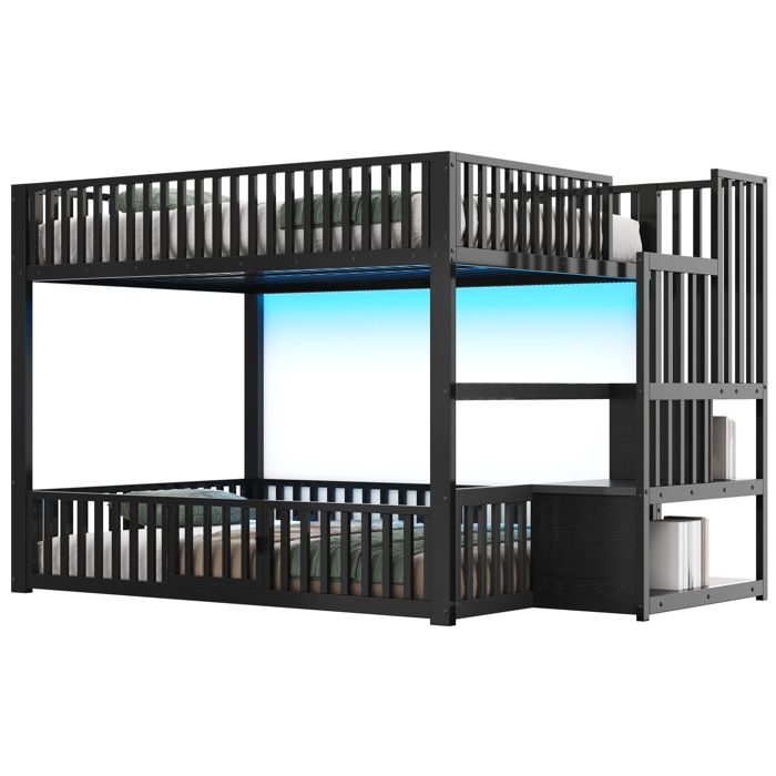 Lit superposé 140x200 avec éclairage LED et échelle rangement style noir contemporain