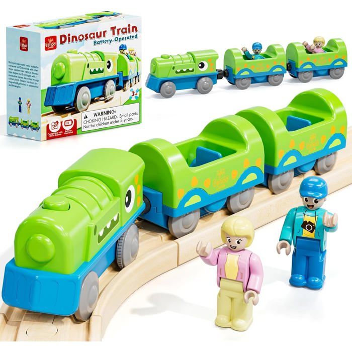 Train Electrique Enfant Dinosaure Locomotive à Piles Compatible Circuit Train en Bois Train Jouet Plastique pour Enfants 3 Ans
