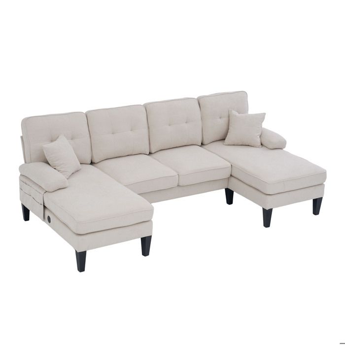 Canapé 4 places lin beige avec deux méridiennes pieds stables dossier contemporain et coussins décoratifs