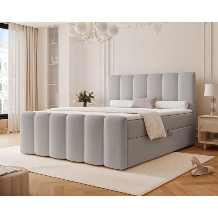 Lit adulte FERRERO - 160x200 cm - coffre de rangement à ouverture latérale - avec matelas à ressorts - Gris