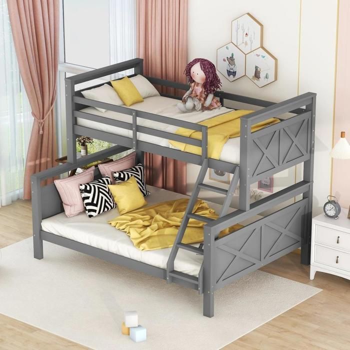 Lit superposé - KOMHTOM - 90x200 et 140x200 cm - Transformable en 2 lits - Bois - Gris