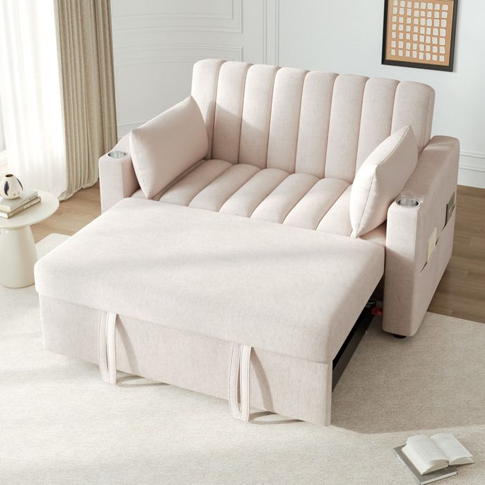 Canapé clic-clac 2 places dossier réglable porte-gobelets coussins inclus pour salon chambre studio
