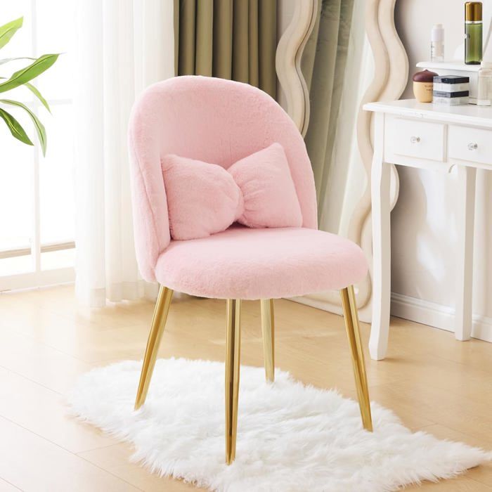 VINGLI Fauteuil Relax Chaise Coiffeuse Fauteuil avec Coussin Nœud Dossier Incurvé sans Accoudoirs en Peluche Lapin Rose