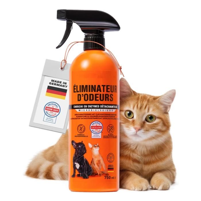 Spray Enzymatique – Destructeur d’Odeurs Puissant & Détachant – Urine de Chien & Chat Excréments Vomissures – Sans danger– 750ml