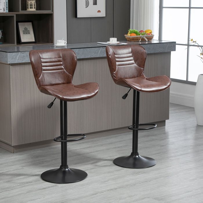 Lot de 2 tabourets de bar en cuir synthétique marron réglables pivotants dossier repose-pieds 465 x 54 x 88-108 cm