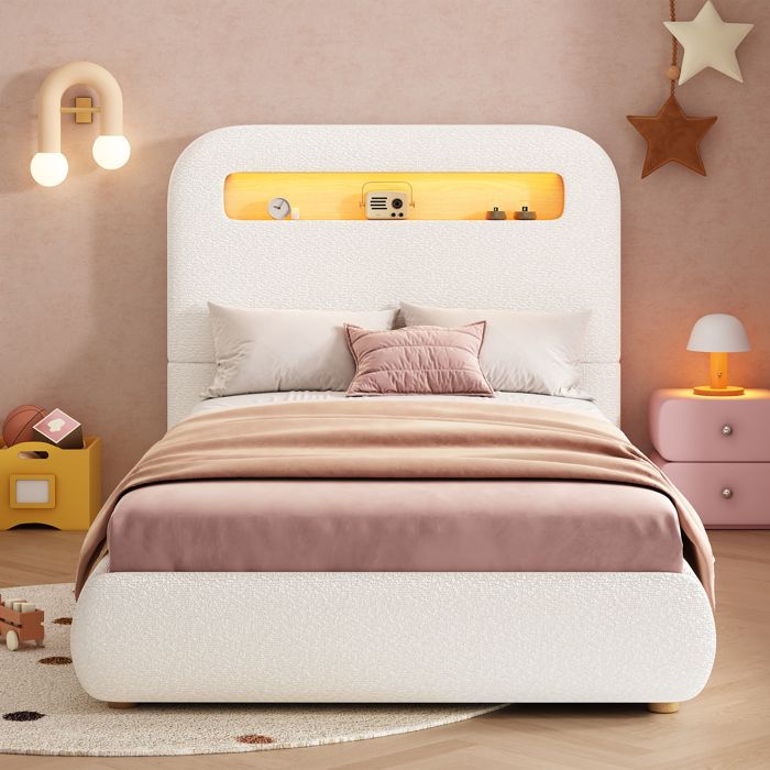 ROVRYN Lit simple enfant 90x200 cm avec coffre hydraulique LED sommier à lattes bouclette blanche