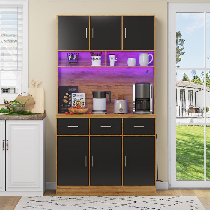 COVREO Buffet de cuisine 100 x 40 x 180 cm avec LED 6 portes 3 tiroirs prises USB naturel et noir