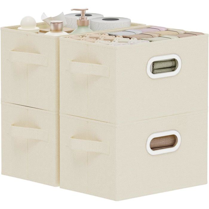 Boîte de rangement en tissu  - 26x20x17 cm - Beige - 4 pièces - Poignées renforcées - Pliable - Sans couvercle