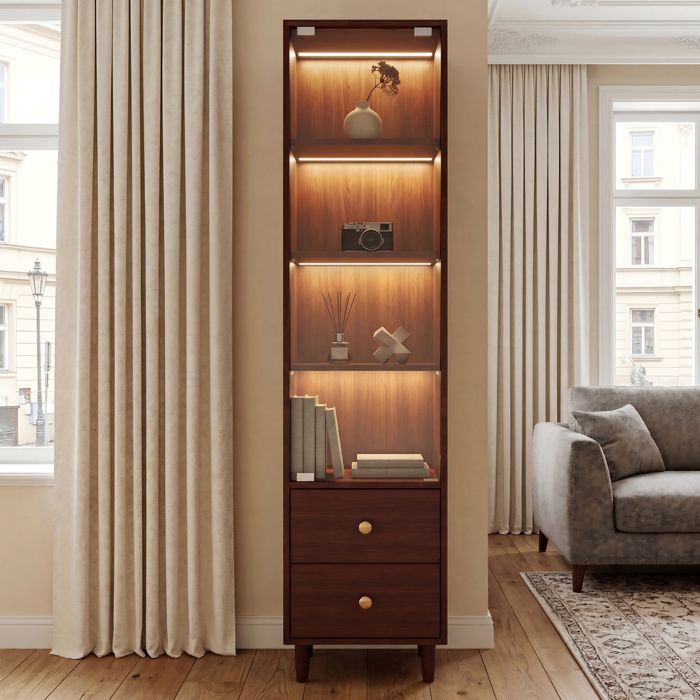 ROVRYN Vitrine haute 40 x 35 x 165 cm avec LED porte vitrée 2 tiroirs MDF et verre marron