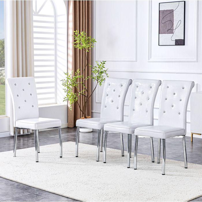 Lot de 4 chaises de salle à manger blanches en simili cuir dossier haut boutons cristal pieds métal
