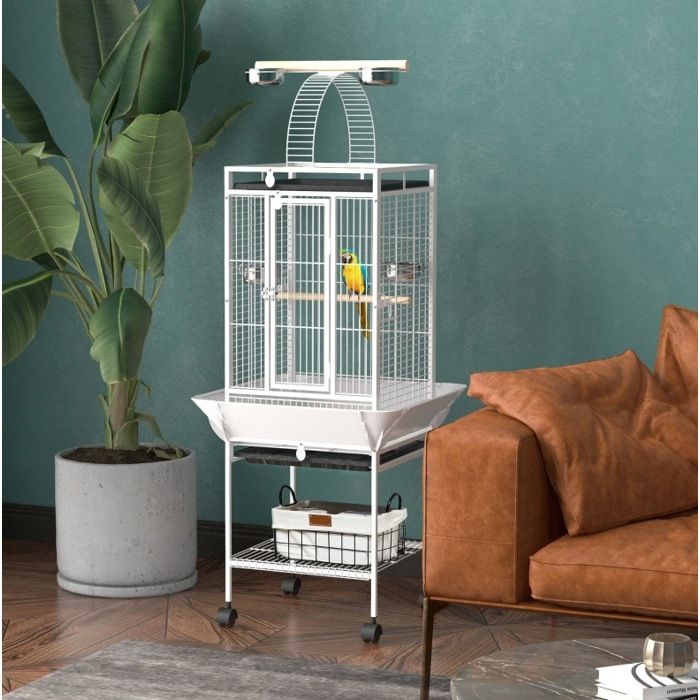 Cage a perroquet blanche en acier 62 5 x 62 5 x 156 cm avec 3 portes roulettes support et etagere