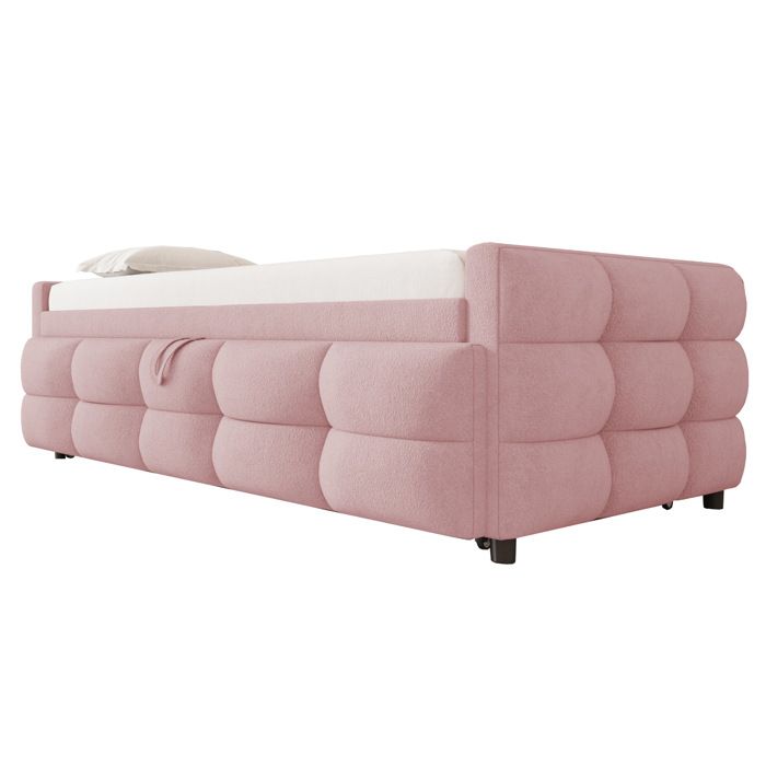 Lit combiné extensible 90 x 190 cm tissu Teddy rose avec lattes sans matelas