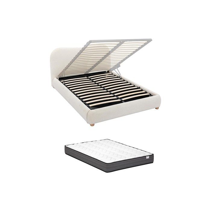 Lit coffre 140 x 200 cm - Tissu bouclette - Blanc + Matelas - VANARI