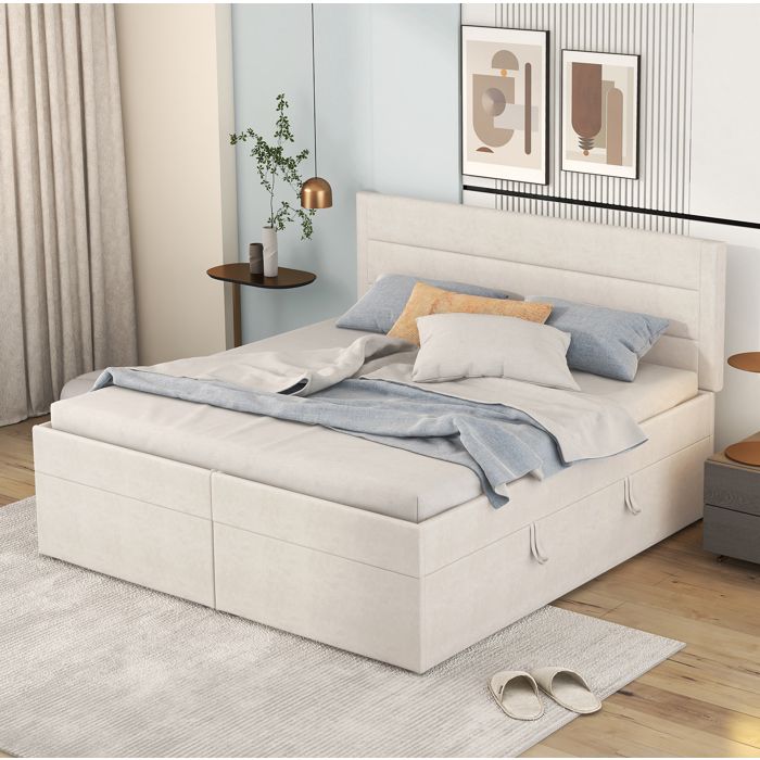 VUENOR Lit coffre 140x200 cm beige avec sommier à lattes ouverture bilatérale sans matelas