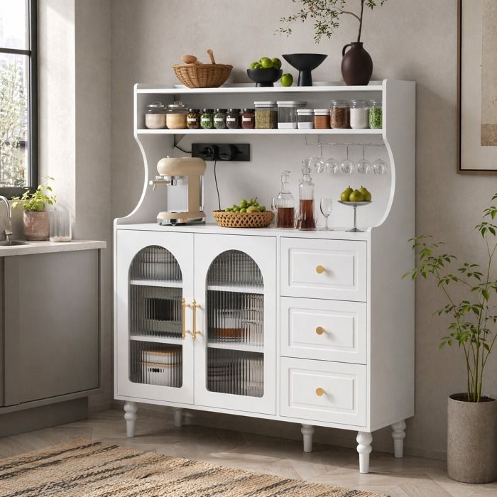 Buffet de cuisine blanc 3 tiroirs portes vitrées étagères réglables porte-verres prise USB USB-C JOINERY